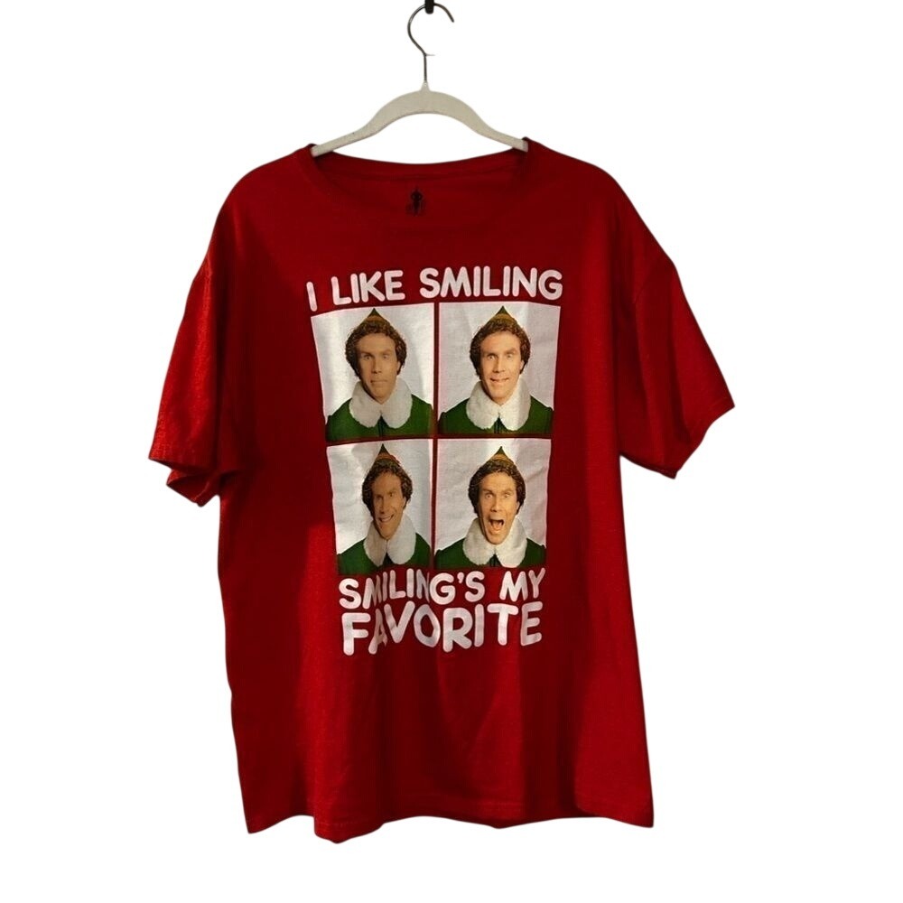 Elf Movie Shirt I Like Smiling Smilings My Favorite Tee Mens‎ L Red Will Ferrell